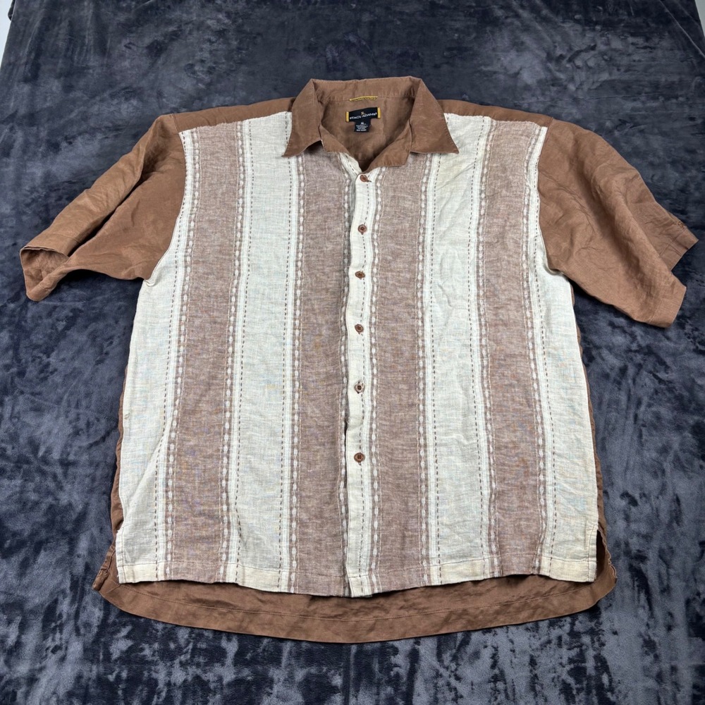 Stacy Adams Button Down Shirt Mens 3XL Brown Linen Vertical Stripe Short Sleeve